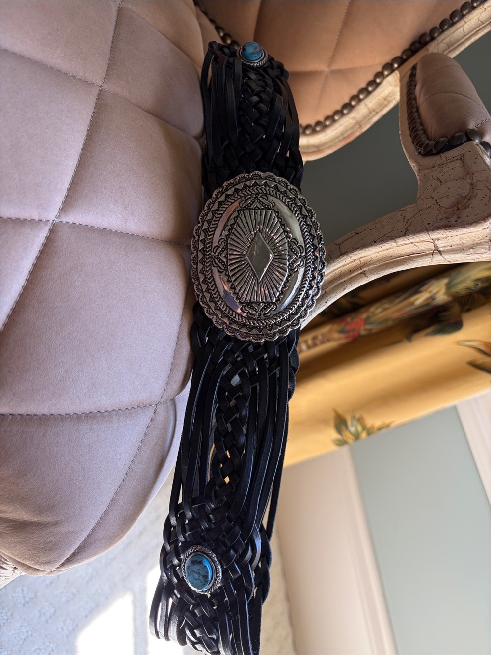 Braided Black Leather Western Belt with Silver Concho and Turquoise Accents